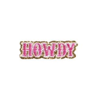 Ροζ HOWDY σενίλ κεντητό επίραμμα που σιδερώνεται με χρυσό γκλίτερ περίγραμμα DIY
