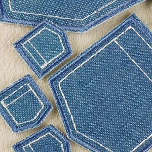 Set of deep blue denim faux pocket iron-on embroidery patches for DIY clothing decor