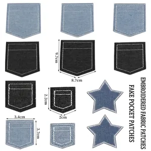 Embroidered Denim Faux Pocket Patch DIY Apparel Decoration Polyester Iron On Appliques For Jackets Jeans Bags