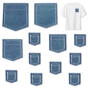 Denim Faux Pocket Embroidered Patch Iron On Applique For Clothing Jeans Bags Hats DIY Repair Decoration Sewing Accessory Deep Blue