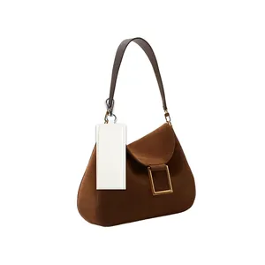 White cotton webbing keychain carrier for DIY patches hanging on brown suede handbag