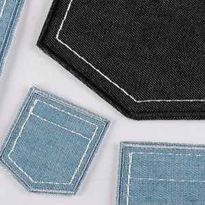Detailed view of faux denim pocket embroidered patches for DIY apparel decoration