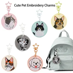 Geborduurde Huisdier Sleutelhanger Schattige Kat Hond Borduurwerk Patch Tas Charm Met Legering Ster Gesp Polyester Dier Sleutelring