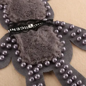 Handmade gray plush bear patch with pearls and lace ribbon for clothing accessories