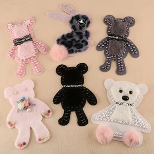 Handmade animal bear and rabbit patches with pearls and fur for clothing accessories