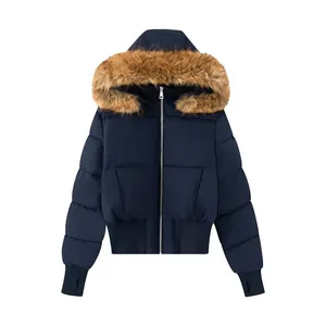 Doudoune à capuche bleu marine pour femme avec bordure en fourrure et fermeture éclair