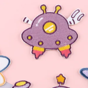 High quality cute purple embroidered UFO patch for clothes featuring adhesive iron-on backing