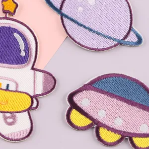 Space themed embroidered patches set with astronaut and UFO for clothes decoration