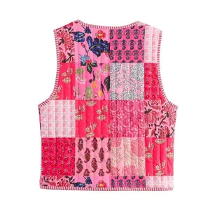 Back view of a quilted patchwork floral vest for women, vibrant pink autumn street style.
