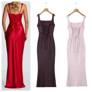 Back view of elegant satin mermaid evening dresses with lace-up back and square neck