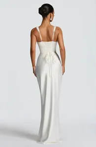 Elegant white satin evening gown back view featuring an adjustable lace-up corset