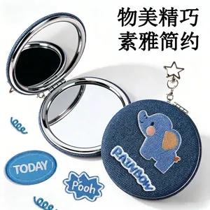Mini Espejo de Maquillaje Compacto Plegable Con Funda de Tela Denim de Elefante Bordado Marco de Metal Redondo Para Accesorio de Viaje Mujer