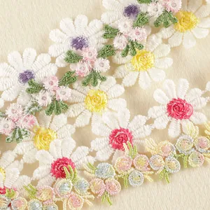 Exquisite white floral embroidery lace trim with colorful daisy patterns for DIY crafts
