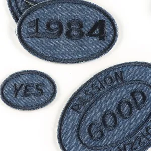 Parches bordados de mezclilla para ropa con patrones de texto 1984 YES y GOOD