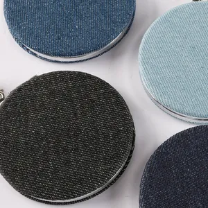 Mini espejos de maquillaje redondos plegables en tela vaquera azul y negra para bordar DIY