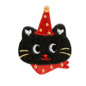 Adorable cartoon black cat embroidery patch with red party hat for DIY clothing decoration
