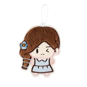 Cute plush anime girl pendant with blue dress for backpack and luggage decoration.