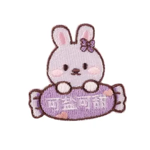 Cute purple rabbit embroidery patch with candy design for DIY clothes and scrapbooks
