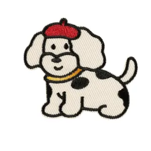Lindo parche bordado de perro de dibujos animados con boina roja y collar amarillo para DIY