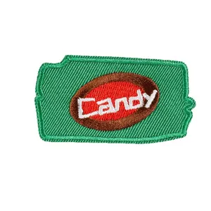 Green embroidered patch featuring white 'Candy' lettering for clothes and DIY accessories