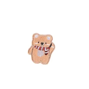 Cute embroidered plush bear cartoon patch with red scarf for clothing decoration