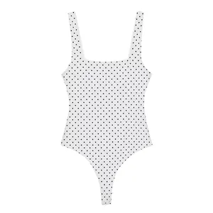 Elegante body blanco para mujer con cuello cuadrado y clásico estampado de lunares.