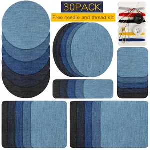 Set of 30 assorted denim repair patches in various shapes with a mini sewing kit.