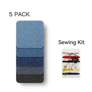 Square denim iron-on patches 5-pack with mini sewing kit for elbow and knee repair