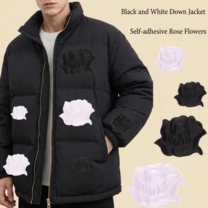 Bestickter Rosenblüten Aufnäher Schwarz Weiß Blumen Applikation Selbstklebender Bügelbild Reparaturflicken Für Kleidung Daunenjacke