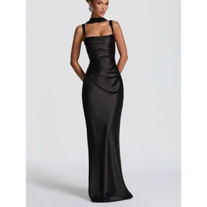 Elegant black satin mermaid evening gown featuring a square neckline and stylish choker detail
