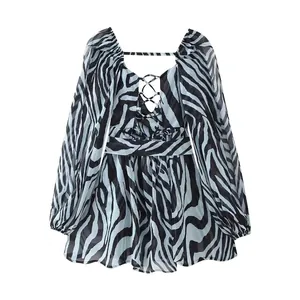 Vue détaillée d'une robe zébrée pour femme avec manches lanternes et lacets