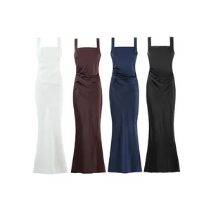 Elegant square neck mermaid satin maxi dress in four colors for gala or banquet.