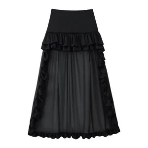 Women Gothic Tiered Ruffle Maxi Skirt Polyester High Waist Long Trail Black Patchwork Skirt For Party Banquet Streetwear