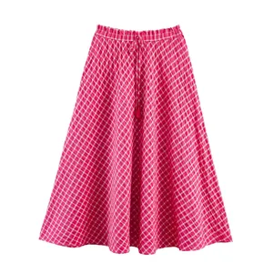 Women Fashion Plaid Midi Skirt High Waist Elastic Drawstring A-Line Gingham Skirt Summer Casual Streetwear Polyester Skirt