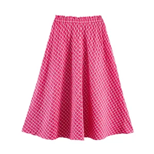 Pink and white checkered midi skirt with elastic high waist design.