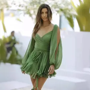 Robe Courte Sexy à Col en V Manches Lanternes Épaules Dénudées pour Femmes Imprimé Léopard Zèbre Couleur Unie Volants Chiffon