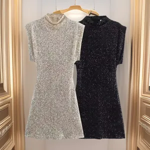 Vestito Corto Sexy con Paillettes Senza Maniche da Donna Elegante Spalline Girocollo Bodycon Party Cocktail