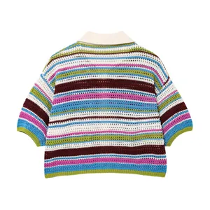 Detailansicht der Rückseite mit bunt gestreifter Häkelstruktur des Polo-Shirt-Oberteils.