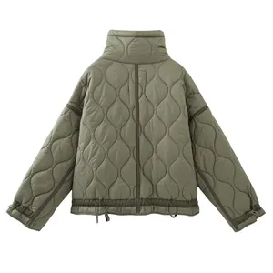 Back view of olive green quilted winter jacket with unique wavy stitching pattern