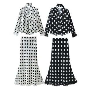 Elegant polka dot V-neck blouses and high-waist maxi skirt sets in black and white
