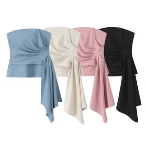 Detailed view of fashionable pleated strapless tops in four elegant colors for 2025.