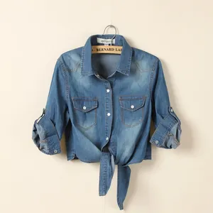Veste en Jean pour Femmes Chemise Courte Ourlet à Nœud Délavée Usée Revers Manches Bouffantes Poches Style Décontracté Coréen