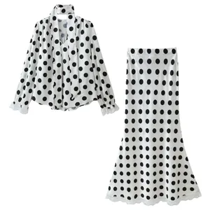 Elegant white and black polka dot long sleeve blouse and high waist skirt set with lace trim