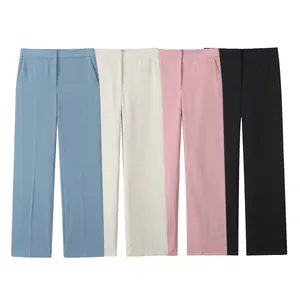 Four colors of women's high-waisted wide-leg trousers shown on a white background