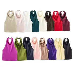 Elegante rückenfreie Neckholder-Tops aus Satin-Textur in sechzehn verschiedenen Farben