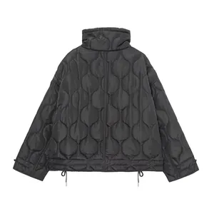 Back view of black quilted puffer jacket with stand collar and adjustable hem drawstrings