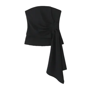Elegant black strapless top with asymmetrical draped pleats and a long flowing tail
