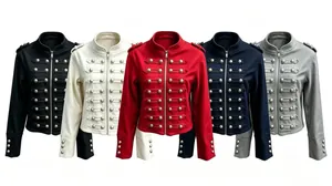 Regency-inspired short jackets in five colors featuring ornate silver buttons and zippers