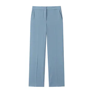 Elegant high-waisted light blue straight-leg trousers with front crease details.