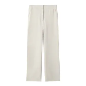Front view of women's high-waisted cream-colored straight-leg casual trousers